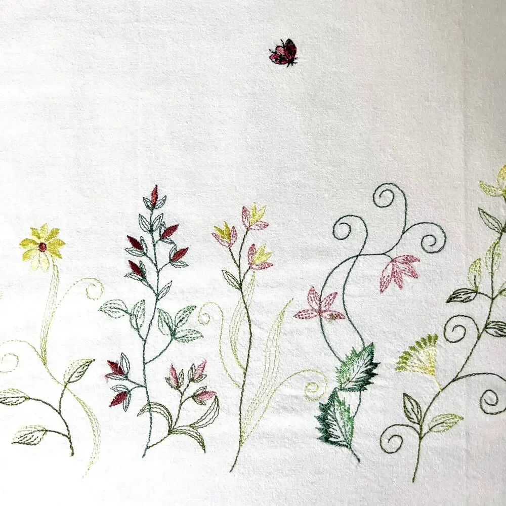 Pair of Embroidered Floral Cafe Curtains White Cotton Ladybug French Country